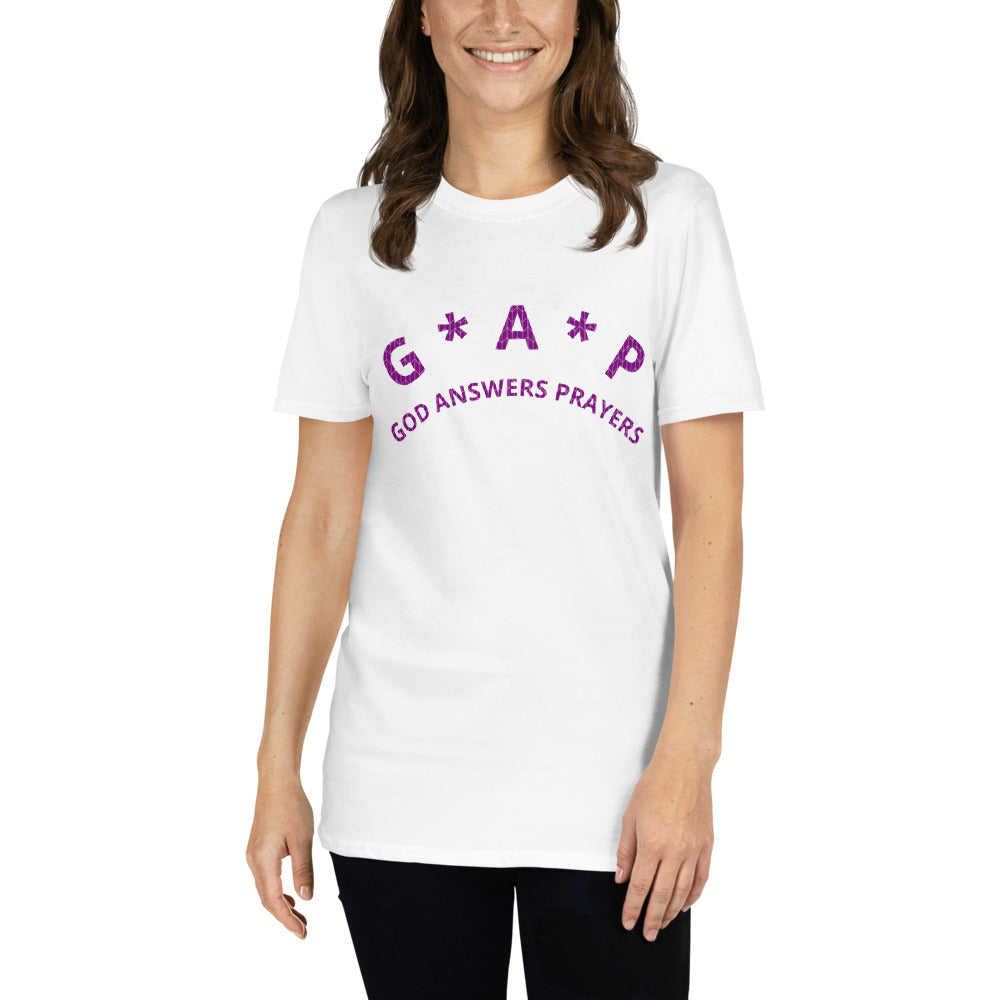 Unisex Soft-style White T-shirt with G, A, P(God Answers Prayers) in Purple letters