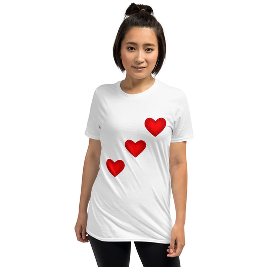 Unisex soft-style White t-shirt with three red hearts