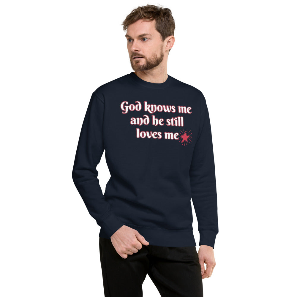 Unisex Navy Fleece pullover with God Knows me and he stills loves me in White letters and outlined in red with a red star
