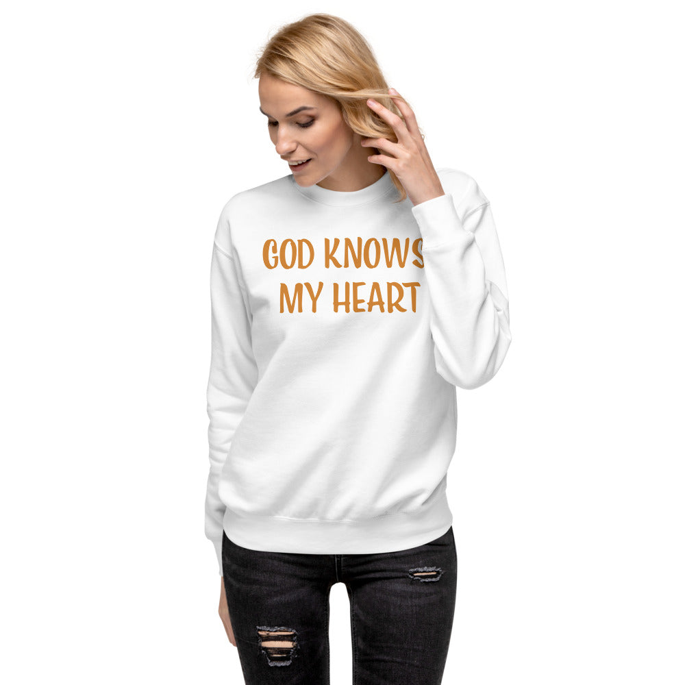 Unisex White Fleece Pullover with God Knows my Heart in Gold letters
