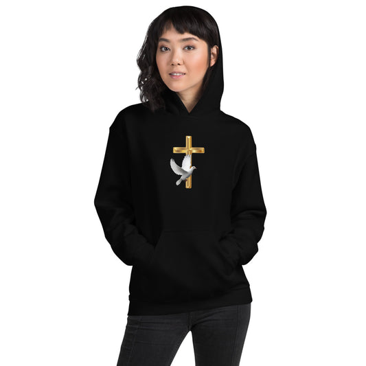 Unisex Black Hoodie with a Hood and a Gold Cross and a White Dove in the Center of the Hoodie