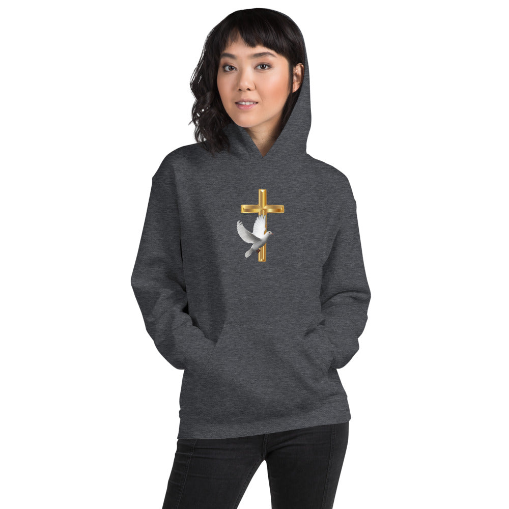 Unisex Dark Heather Hoodie with a hood and a Gold cross and a White Dove in the center of the Hoodie