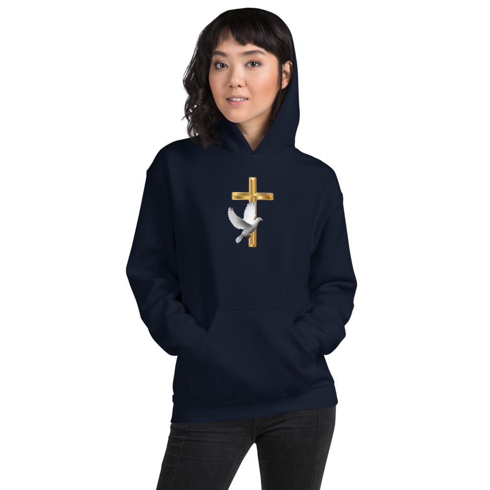Unisex Navy Heavy Hoodie with a hood and a Gold cross and White Dove in the center of the Hoodie