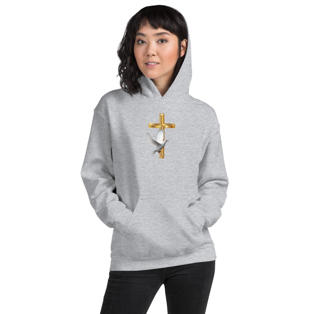 Unisex  Sport-Grey Hoodie with a hood and a Gold cross and a White Dove in the center of the Hoodie