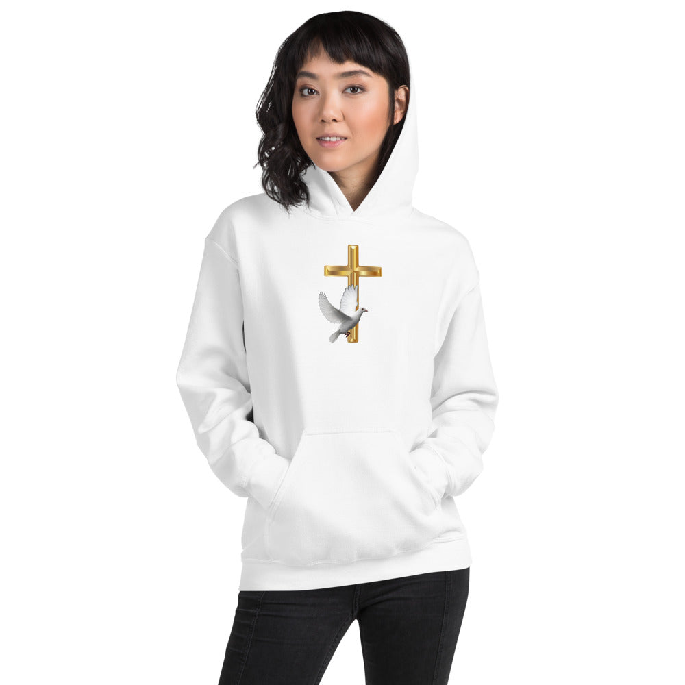 Unisex White Heavy Hoodie with a Hood and a Gold Cross and a White Dove in the center of the Hoodie
