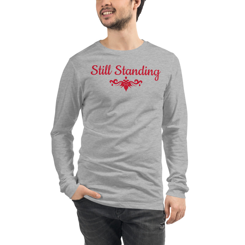 Athletic Heather Unisex Long-Sleeve Tee with Still Standing in red letters and a red symbol