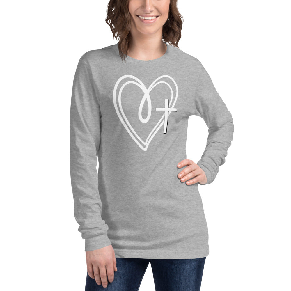 Unisex Athletic heather Long-Sleeve Tee with two white hearts and a white cross