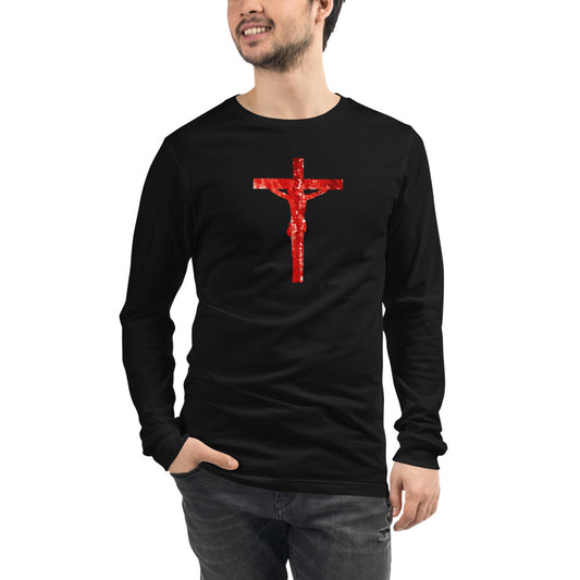 Unisex Black Long-Sleeve Tee with Jesus Christ hanging on a Red Cross