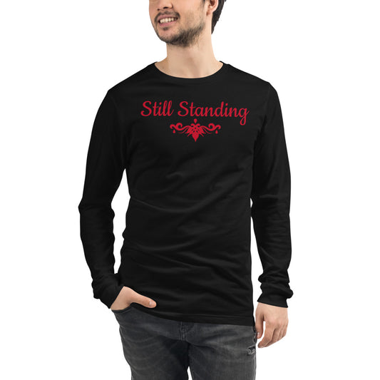 Black Unisex Long-Sleeve Tee with Still Standing and a symbol in the color red