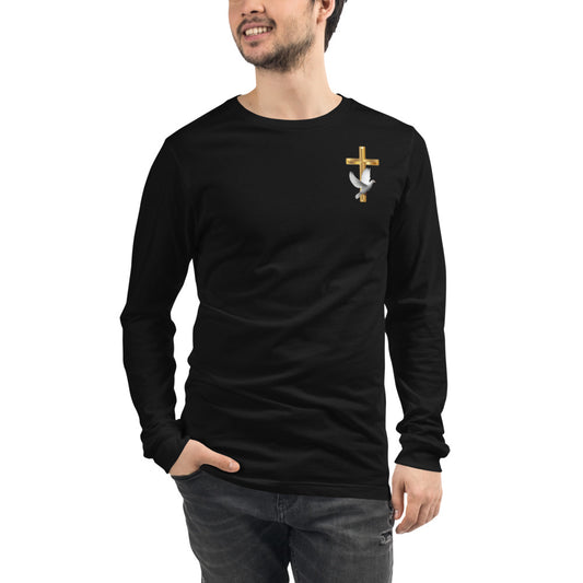 Black Unisex Long-Sleeve Tee with a Gold Cross and with Dove