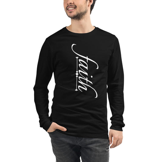Unisex Black long-sleeve tee with faith in white letters and a white symbol 