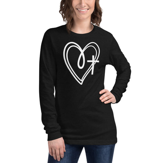 unisex black heather Long-Sleeve tee with two white hearts and a white cross