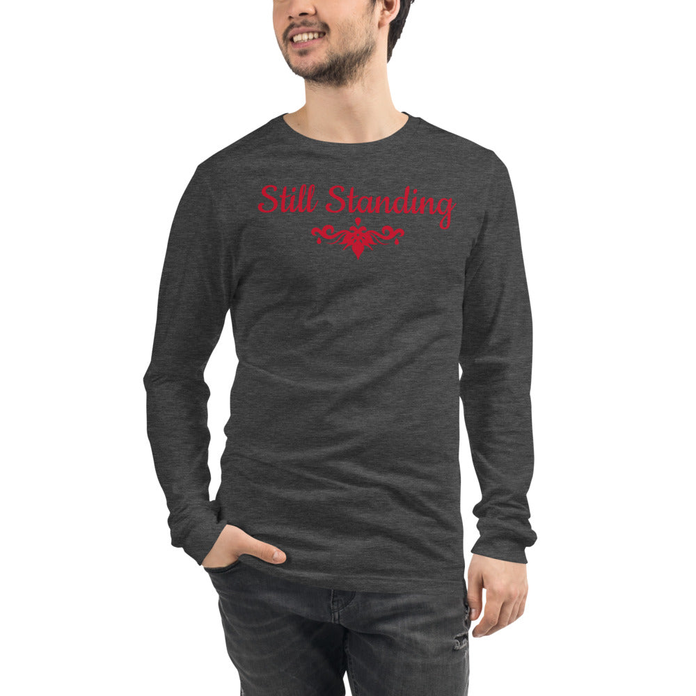Dark Grey Unisex Long-Sleeve Tee with Still Standing in red letters and a red symbol