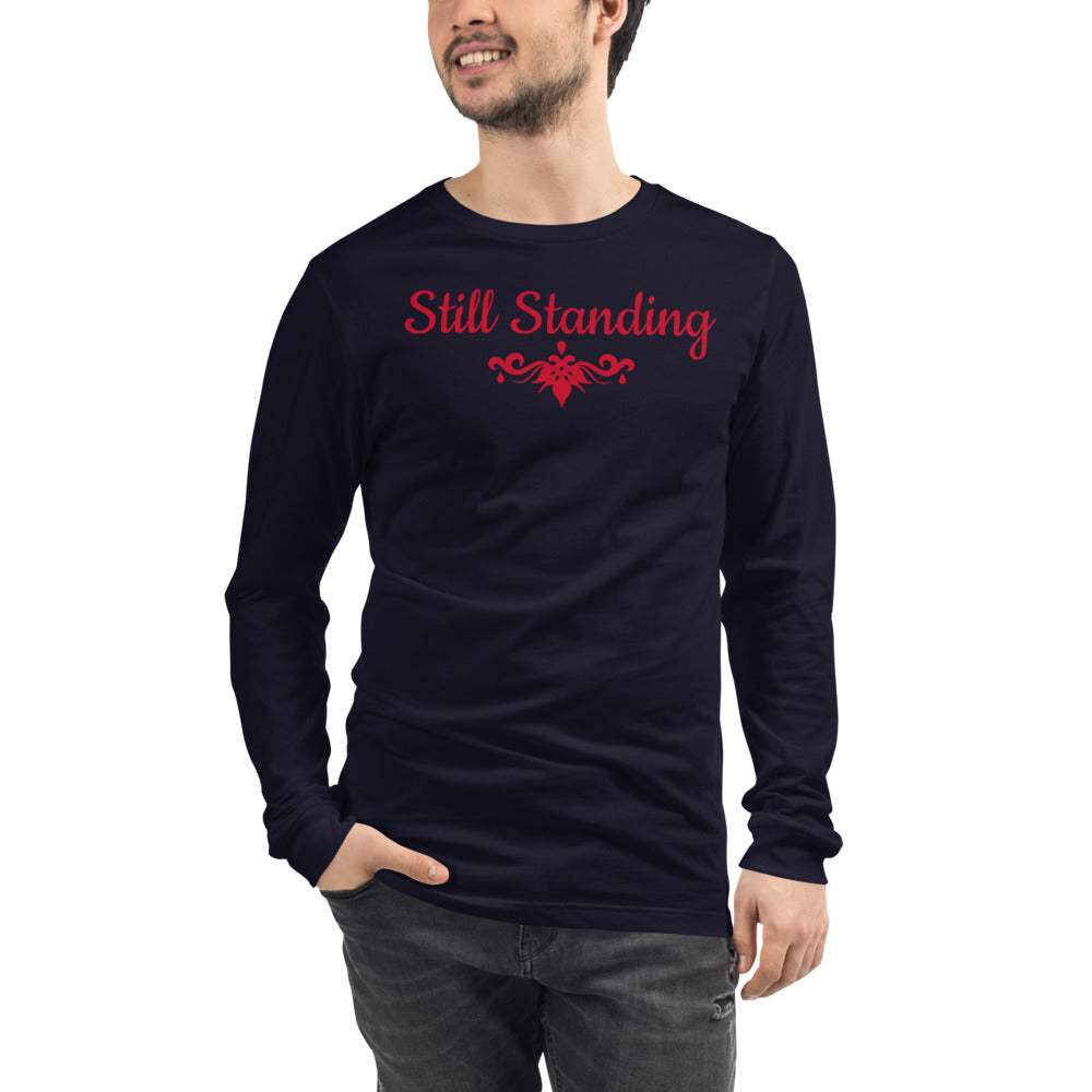 Navy Unisex Long-Sleeve Tee with Still Standing in Red letters and a red symbol 