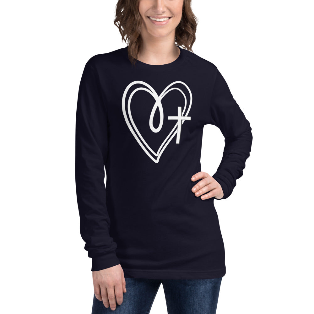Navy Unisex Long-Sleeve Tee with two white hearts and a white cross 