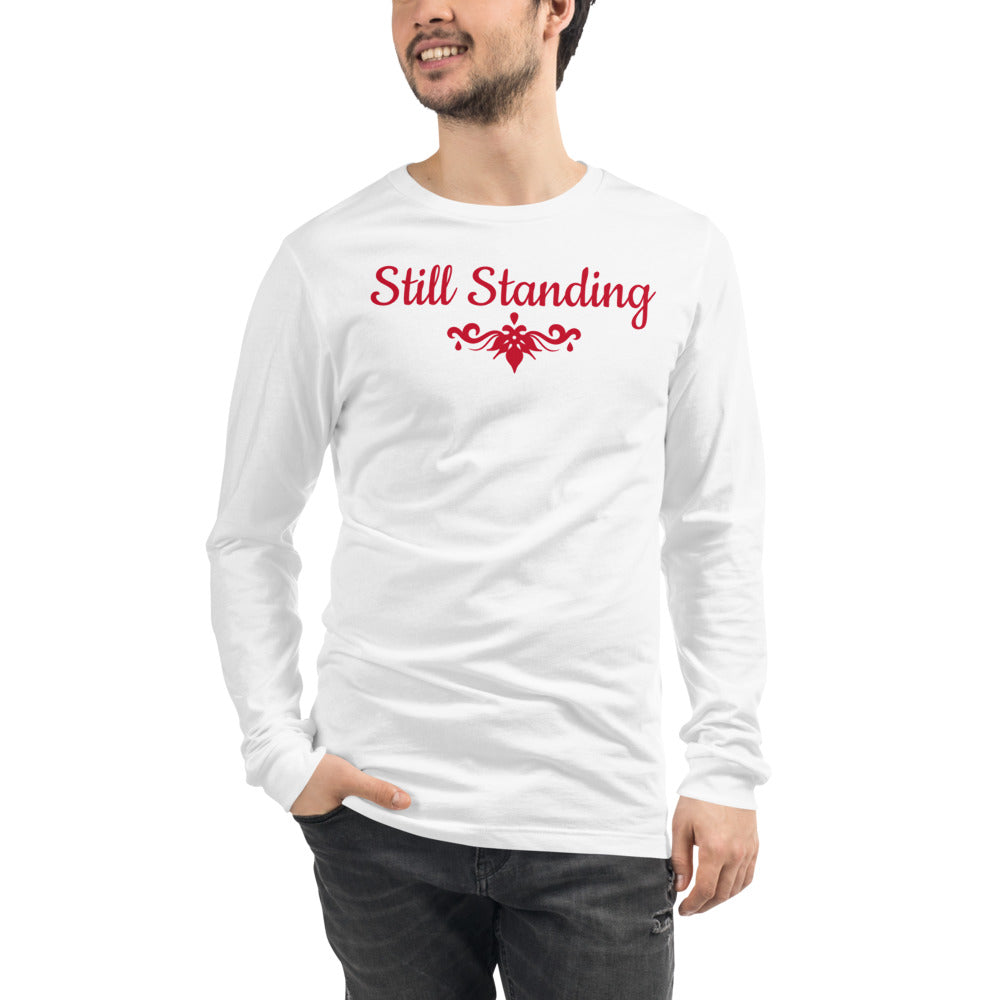 White Unisex Long-Sleeve Tee with Still Standing in Red letters and a red symbol
