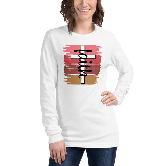 White Unisex Long-Sleeve Tee with faith in black, White cross and four different brush colors