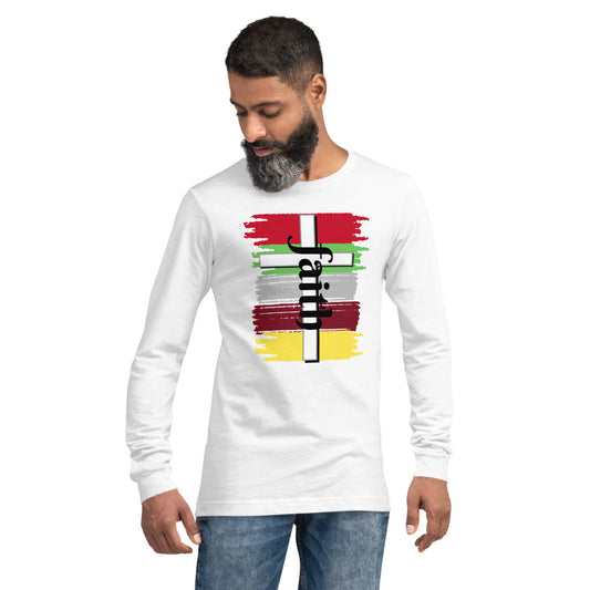 Unisex White Long-Sleeve Tee with Five color brush stroke with a White cross and Faith in black letters
