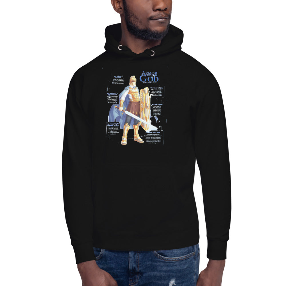 Black Unisex Hoodie with Be Brave, Armor of God and breast plate, shield, helmet, sword in Blue and Gold