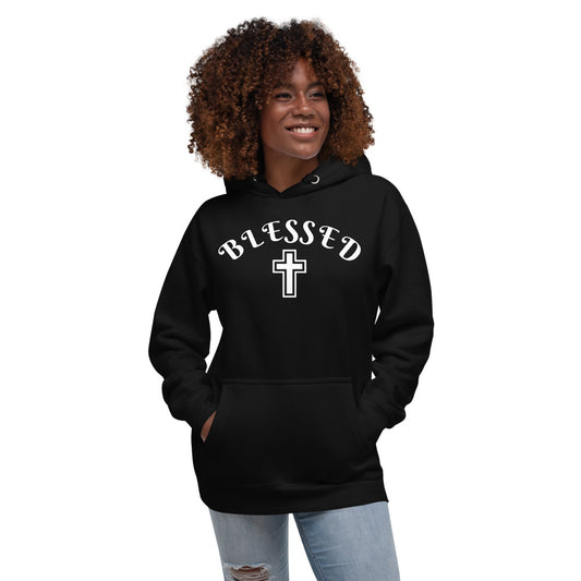 Black Unisex Hoodie with Blessed written in White letters and a White cross