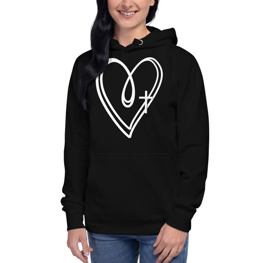 Unisex Black Hoodie with two white hearts and a white cross