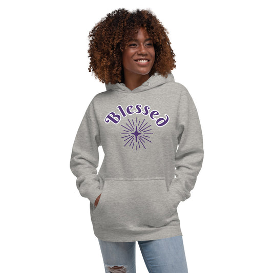 Unisex Grey Premium  Hoodie with Blessed in Purple and White and a star on it