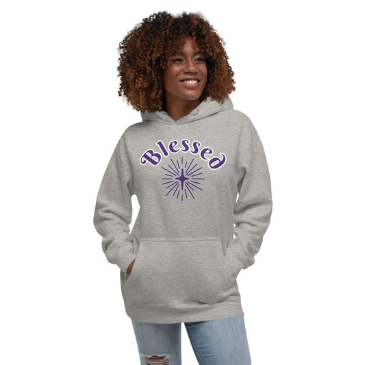 Unisex Grey Premium Hoodie with Blessed in Purple and White and a star on it