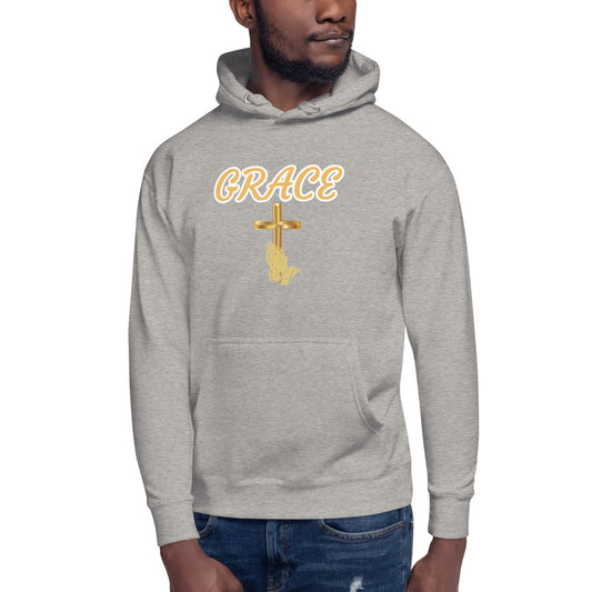 Unisex Carbon Grey Hoodie with the word Grace in Bronze letters and outlined in White and a gold cross with gold praying han ds