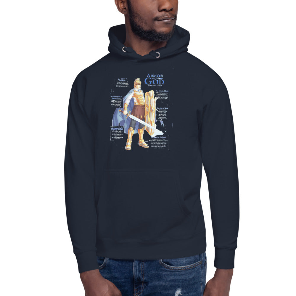 Blue Unisex hoodie with Be Brave, Armor of God in Blue and shield, breast plate helmet and sword in Gold