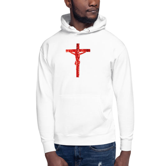 Unisex White Hoodie with Jesus Christ hanging on a Red cross