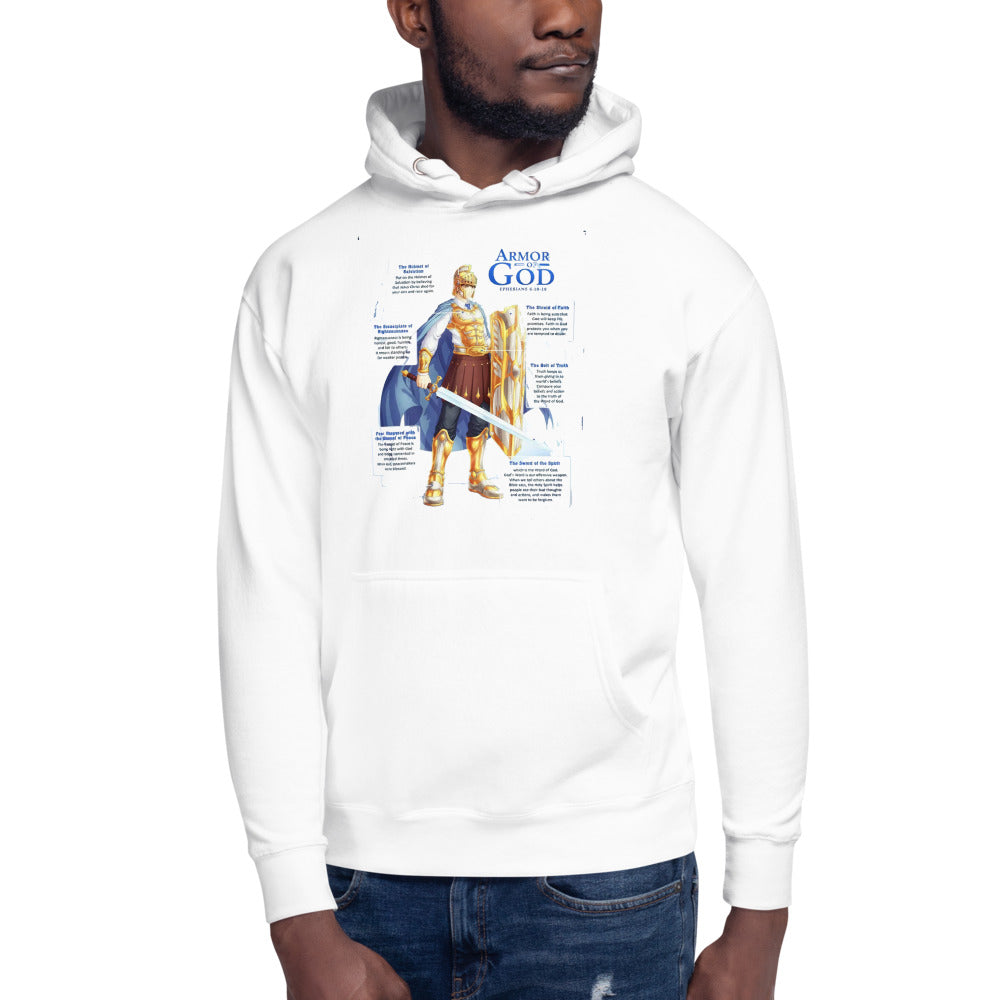 White Unisex Hoodie with Be Brave ,Armor of God, shield, helmet and breast plate in blue and Gold
