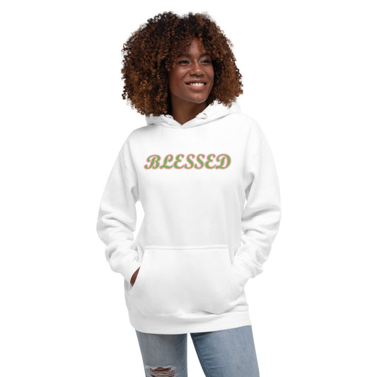 Unisex White Hoodie with Blessed in green letters and outlined in Pink