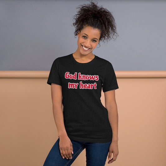 Unisex Staple Black T-shirt with God Knows My Heart in Red letters and outlined in White