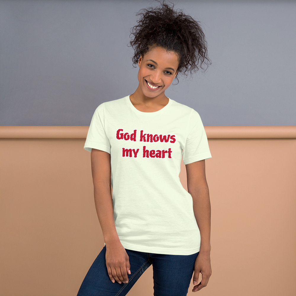 Unisex Staple Citron T-shirt with God Knows my Heart in Red letters 