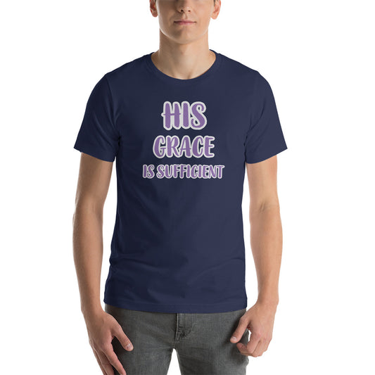 Unisex Navy Short Sleeve T-Shirt with His Grace is Sufficient in Purple letters lined in White
