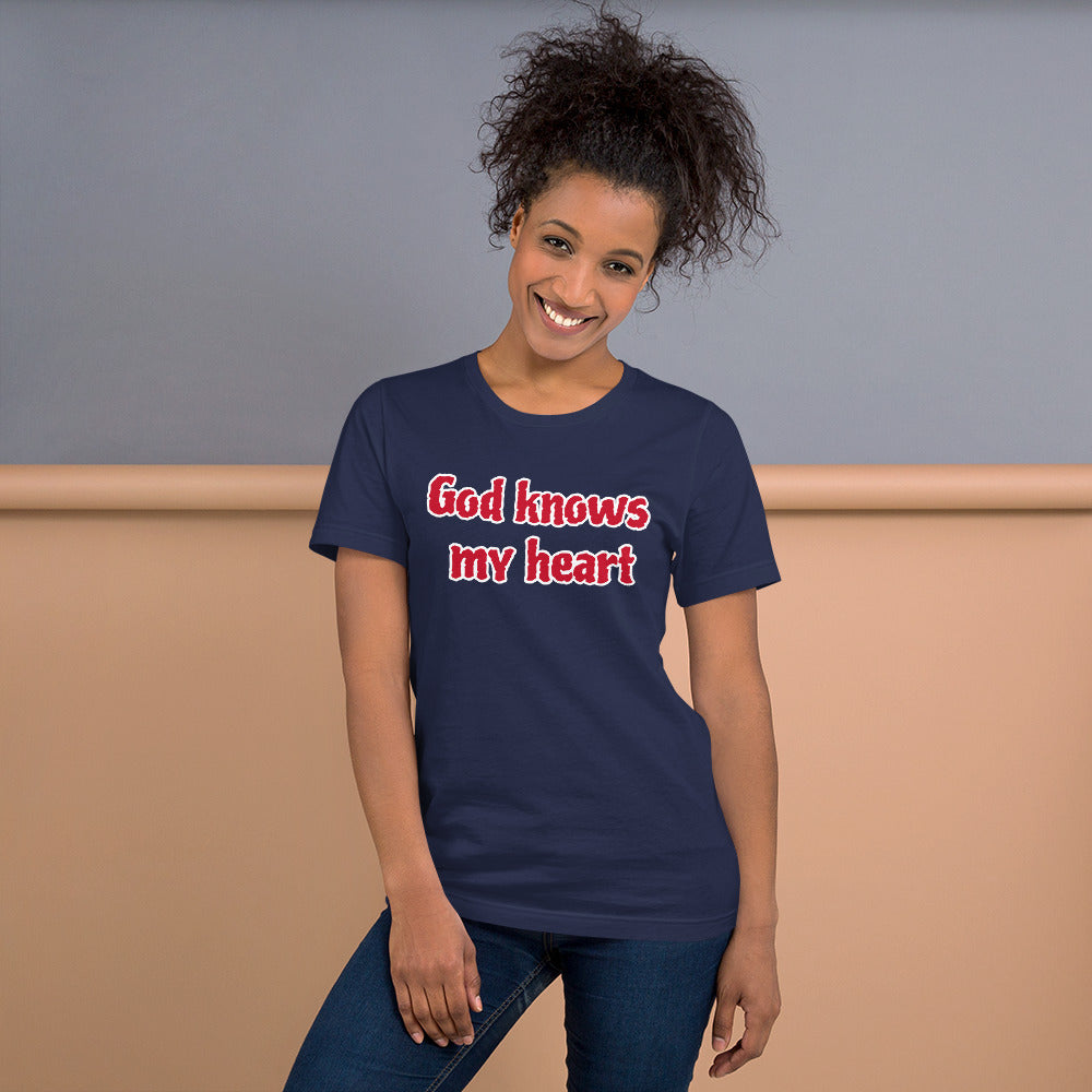 Unisex Staple Navy T-shirt with God Knows My Heart in Red letters and outlined in White