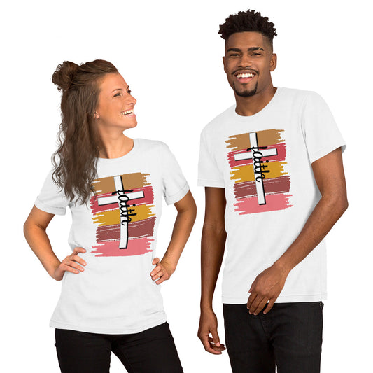 Unisex White T-Shirt with Faith on a Cross and brush strokes