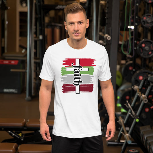 White Unisex t-shirt with faith in Black letter, white cross and four different brushes colors