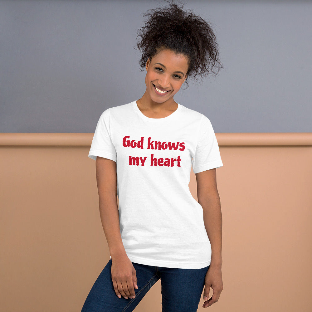 Unisex Staple White T-shirt with God Knows My Heart in Red letters