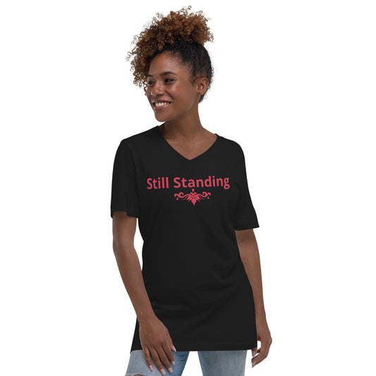 Unisex Black V-neck T-shirt with Still Standing in Red and a Red symbol