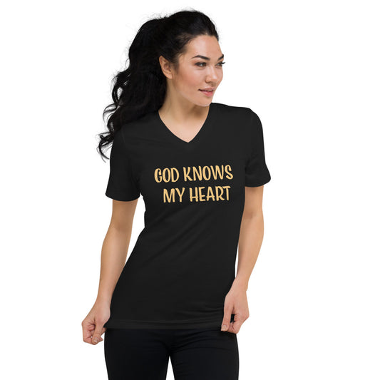 Unisex Black V-neck Tee with God Knows My Heart in Gold letters