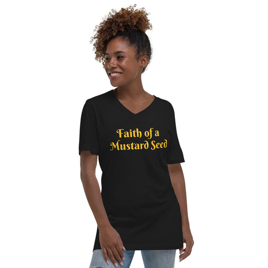 Unisex black V-Neck with FAITH OF A MUSTARD SEED in Yellow letters