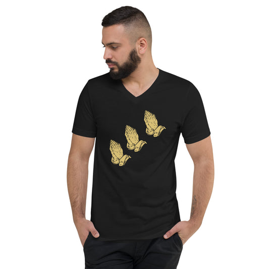 Unisex black V-Neck with THREE GOLD PRAYING HANDS