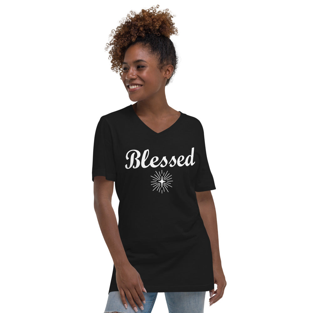Unisex black V-Neck with BLESSED in White letters