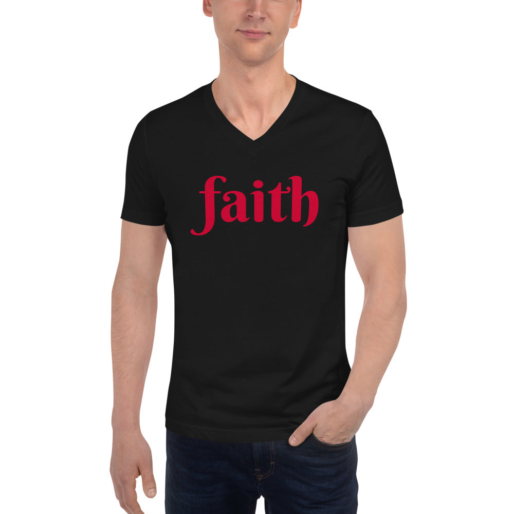 Unisex black V-Neck with FAITH in Red letters