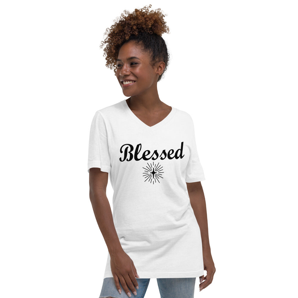 Unisex White V-Neck with BLESSED in Black letters