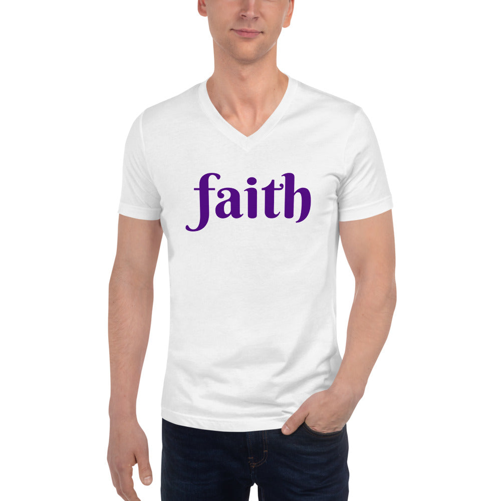 Unisex white V-Neck with the word FAITH in Purple letters