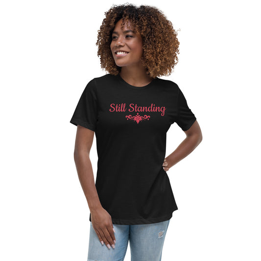 Women's relaxed black t-shirt with STILL STANDING AND A SYMBOL in Red letters