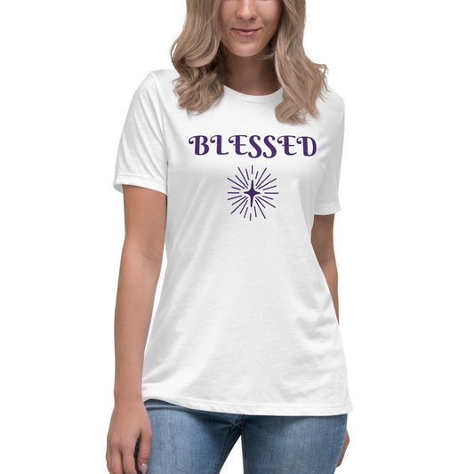 Women's White T-shirt with Blessed in purple and outlined in white and a purple symbol